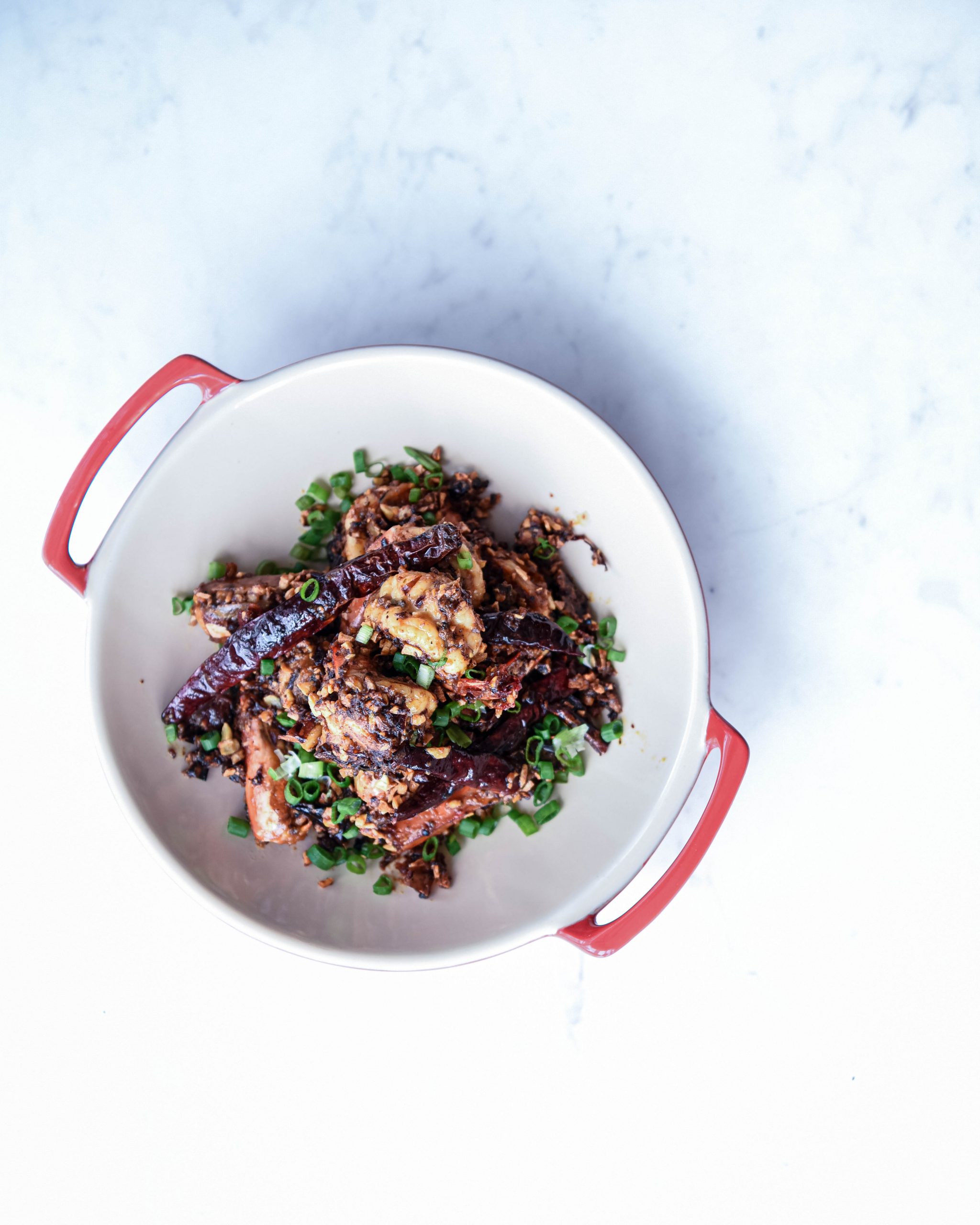 Top shot of Miso Garlic Prawns