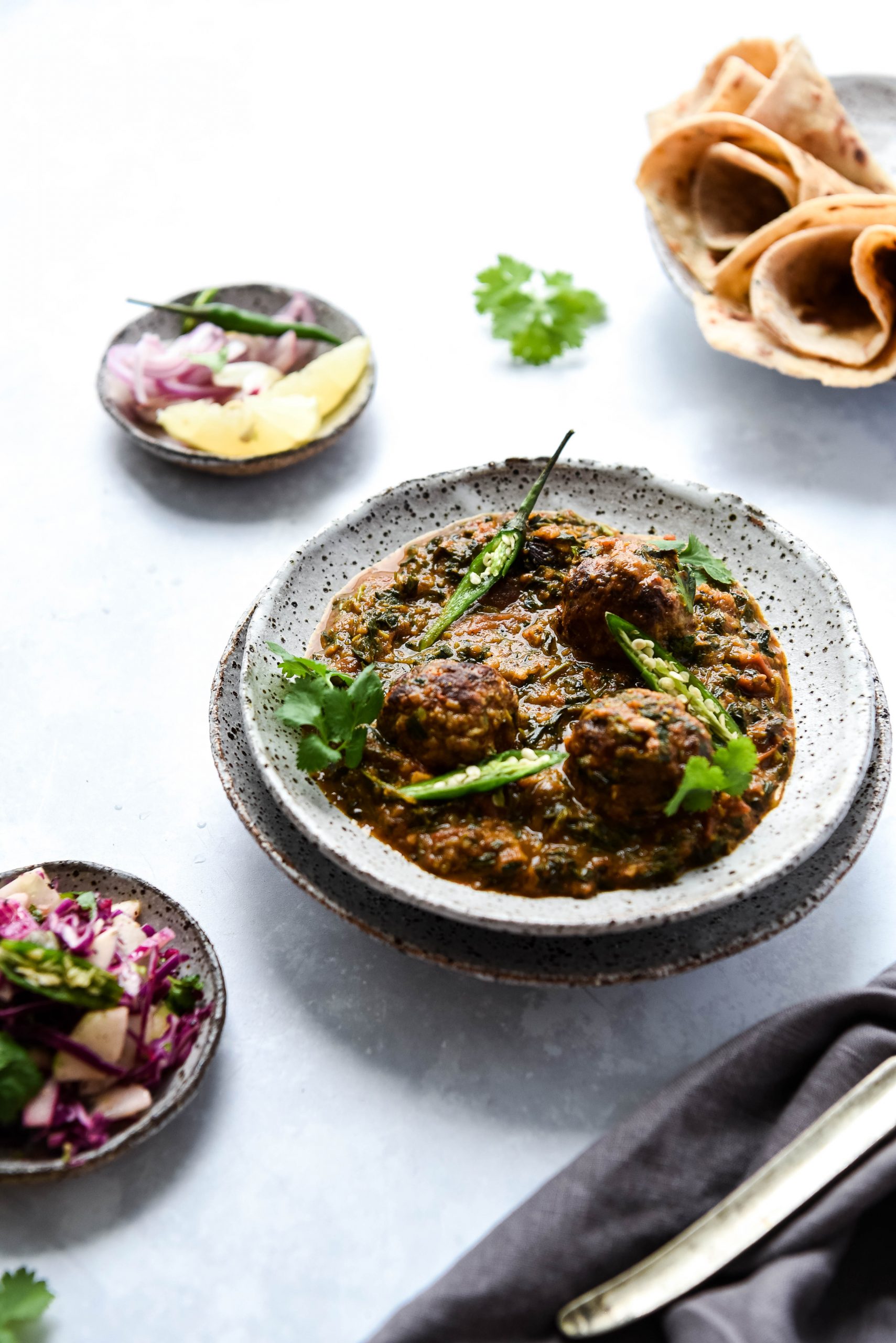 Shish Kofta saag, roti and salad